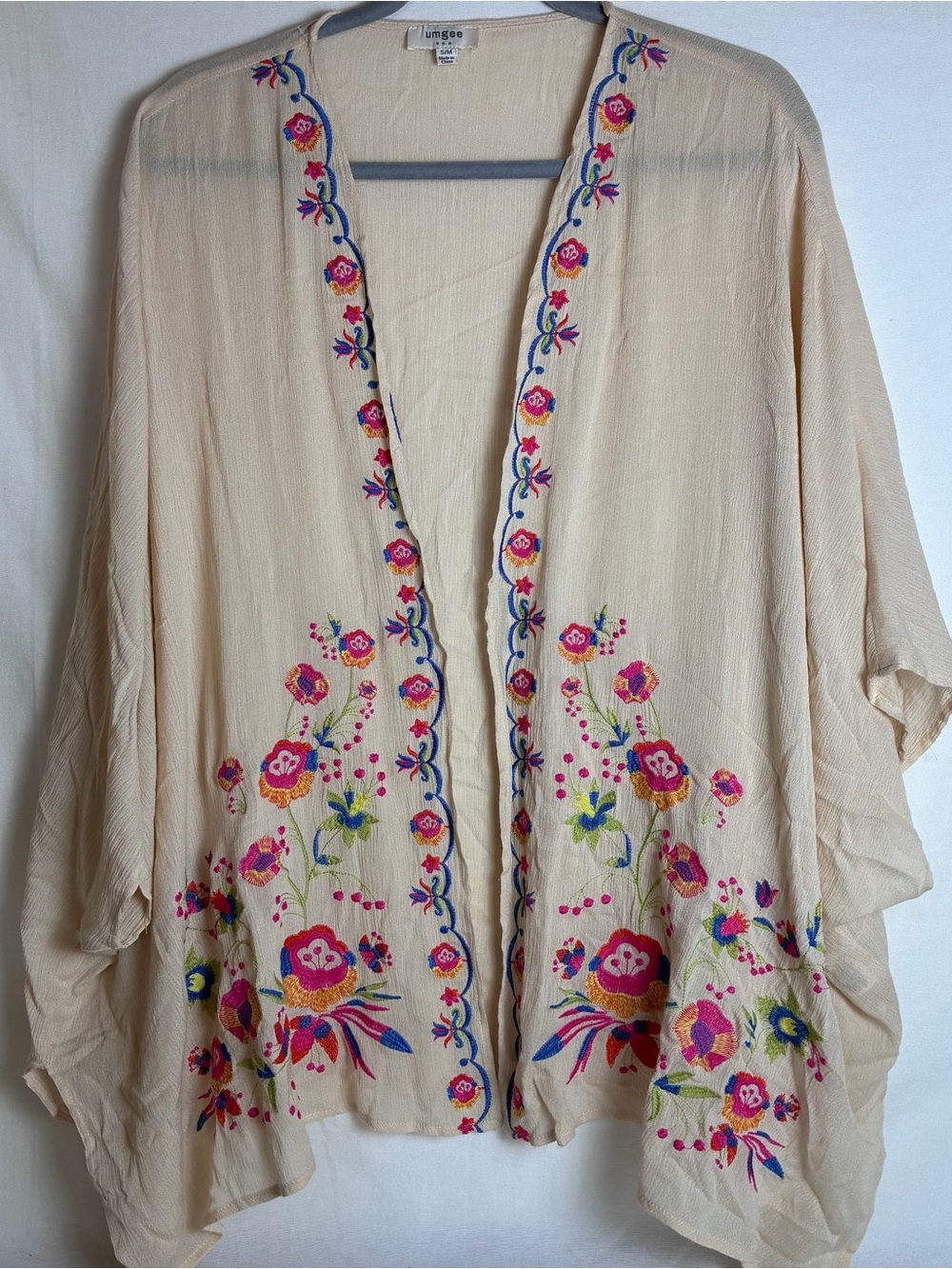 Umgee Womens S/M Beige Cream Floral Embroidered Open Front Kimono Cardigan Wrap